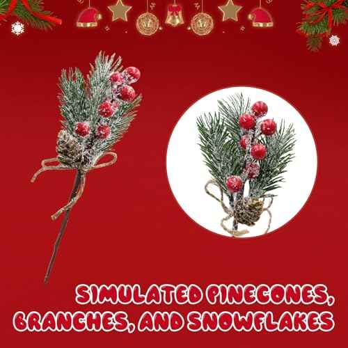 Christmas Floral Picks, 10Pcs 7.8 Inch Red Berry Holly Branches for Crafts, Artificial Christmas Tree Greenery Pick and Garland Decoration