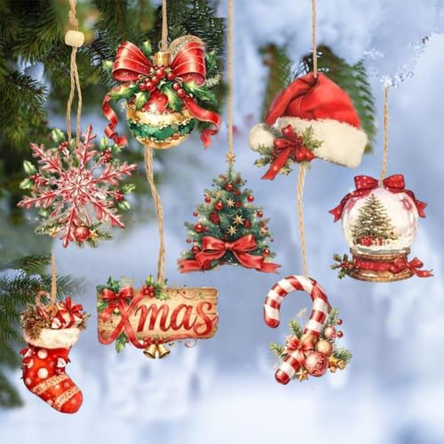 Wooden Christmas Decorations Cute Bell Santa Hat 12pc Set - Colorful-3