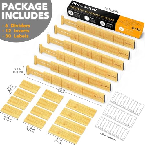 SpaceAid Bamboo Drawer Dividers 17-22 Inch Expandable Kitchen Organizer with Labels