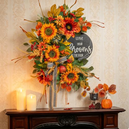 Peony Fall Wreath for Front Door 24 Inch Autumn Rustic Sunflower Decor