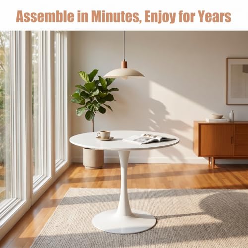 Trygoal White 31.5-Inch Mid-Century Tulip Round Dining Table with Metal Pedestal