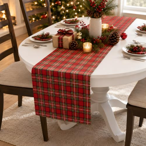 OHOME Christmas Plaid Red Table Runner - 13.8 x 73 in, 100% Polyester, Holiday Decor