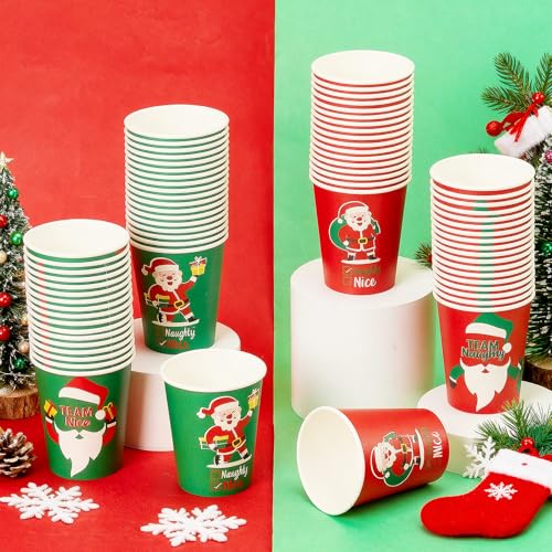 Zhehao 100 Pieces Christmas Paper Cups 9 oz Naughty or Nice Team Design for Hot Beverages