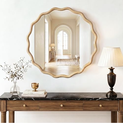 Natural Wood Wavy Circle Wall Mirror 24-inch Boho Round Decor - Variation of THIS listing