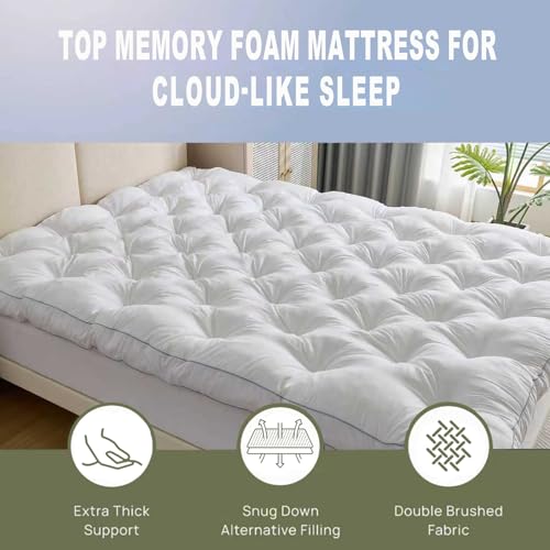 SHOUREN 5 Inch Queen Memory Foam Mattress Topper with Gel & Shredded Foam - White, Back Pain Relief