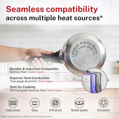Stainless Steel Pressure Cooker 4L with Deep Lid & Alpha Base - Spillage Control
