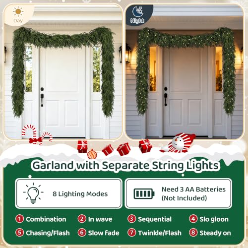 9FT Norfolk Pine Garland with Separate Lights,Lush Christmas Mantle
