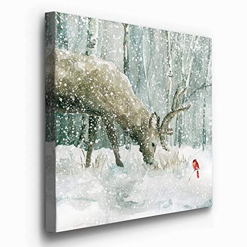 Reindeer and Cardinal Wall Art 32x32 in - Premium Gallery Wrapped Canvas, Ready to Hang