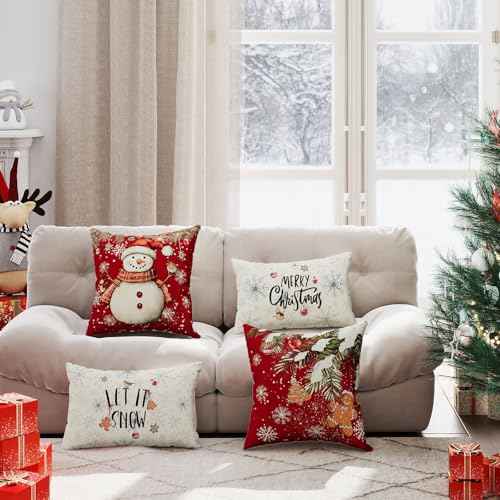Merry Christmas Pillow Covers Snowman Trees Cookies Snowflakes Throw Pillow Cases Set of 4 Xmas Winter Decorations for Farmhouse Home Sofa Couch Cushion Cover Party Holiday Decor 18x18 Inch