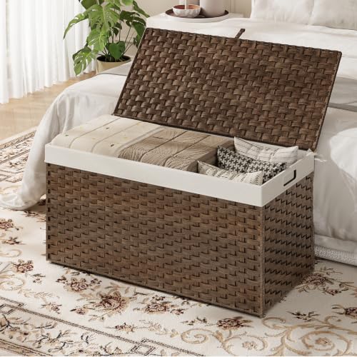HOOBRO Brown 39.4"L x 15.7"W x 19.7"H Wicker Storage Basket with Lid, Handles, 200L