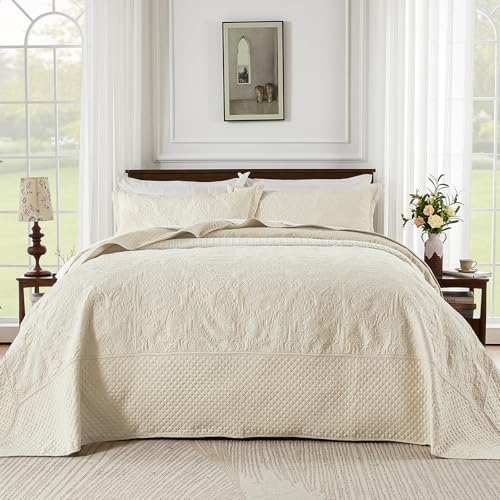 Oversized King Bedspread Set - Damask Pattern Beige 138x122, Lightweight Comforter with Pillowcases