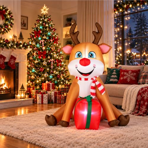 EaseSky 5.2 ft Sitting Deer Christmas Inflatable with Gift, Indoor/Outdoor