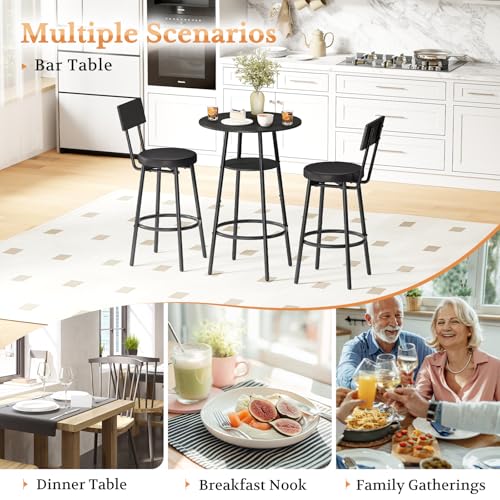 Kiivakii 3-Piece Round Bar Table Set with 2 Stools - Black, Storage Rack