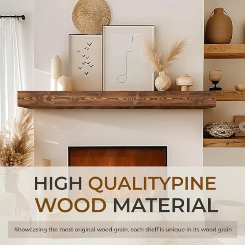 48 Inch Fireplace Mantel Shelf - 5 Inch Thick Pine Wood Floating Wall Shelf - Brown, Hollow, 48x5x8