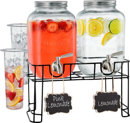 Clear Glass Drink Dispenser with Stand - 1 Gallon, Steel Spigot, 2-Pack
