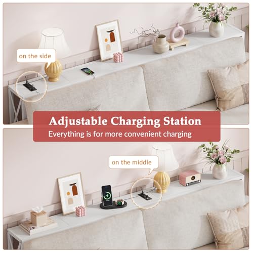 70-Inch White Sofa Table Behind Couch with Charging Station & Narrow Design - Modern Console
