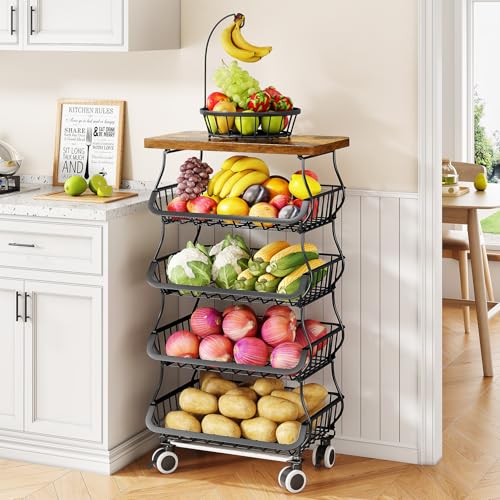 5-Tier Fruit and Vegetable Basket Stand with Wooden Top - Black, SAYZH