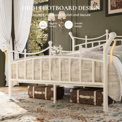 SHA CERLIN Full Size Metal Bed Frame White Victorian Crown Style No Box Spring