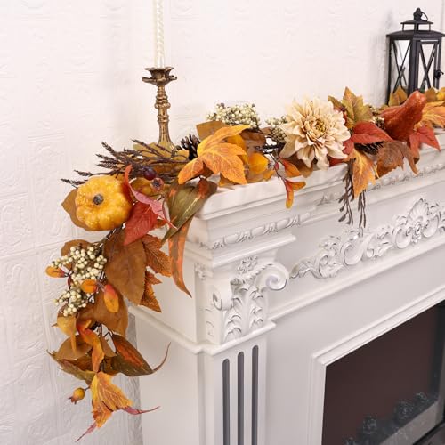 6Ft Autumn Leaf Garland with Pumpkins Berries Pinecones Fall Decor for Home & Porch