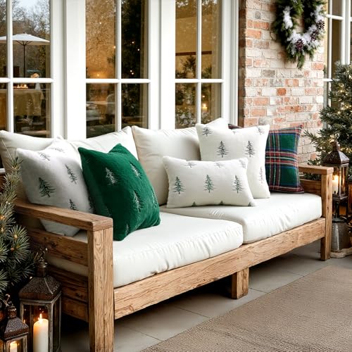 MIULEE 18x18 Inch Faux Fur Pillow Covers Set of 2 White Green Embroidered Christmas Tree