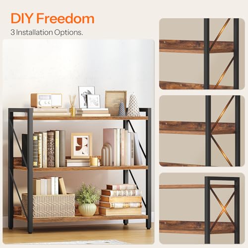 3-Tier Industrial Bookshelf with Metal Frame - Rustic Brown & Black, 32.3L x 11W x 28.5H, Home & Office Storage Organizer