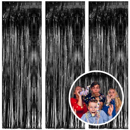 3 Pack Black Fringe Backdrop Streamers Halloween Party Decorations Black Tinsel Foil Curtains Photo Booth Backdrop Birthday Wednesday Twilight Graduation Wizard Party Decorations Supplies