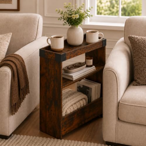 Rustic Brown Narrow Side Table with Tray Top - 8" Slim End Table