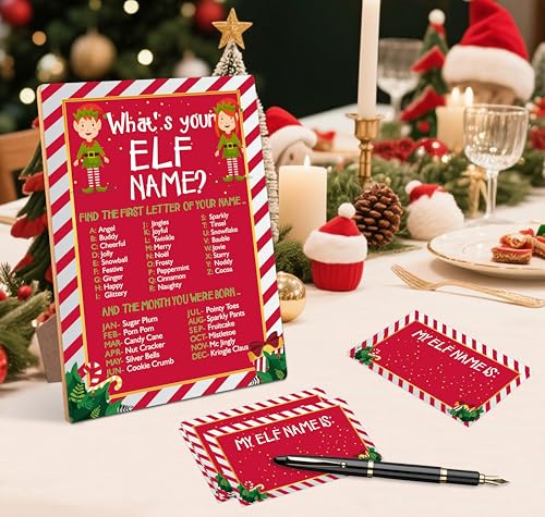 Mysrin Christmas01 What’s Your Elf Name? Wooden Sign Game with Stand + 50 Cards, Party Family Christmas