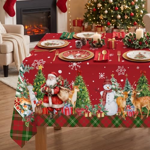 JNDJE Christmas Santa & Snowman Water Resistant Tablecloth 60x140 Inch, Farmhouse Holiday Decor