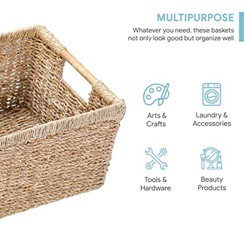 Seagrass Wicker Basket Set - Large Rectangular Storage Baskets with Wooden Handles, 3 Pack