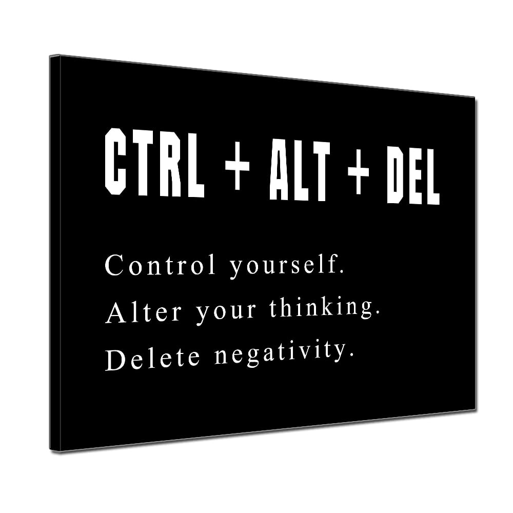 Large Black Motivational Wall Art Artwork Motto Control Alt Delete Office Positive Quotes Canvas Print Inspirational for Office Living Room Home Decor Framed 20x28inch