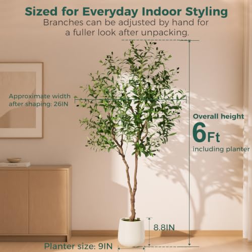 6ft Faux Olive Tree with Decorative Planter - Indoor Artificial Tree, Silk Leaves & Fruits