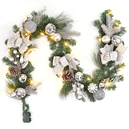 Adeeing 6FT Silver Christmas Garland with Lights, Battery Operated Artificial Rattan, Holiday Indoor Outdoor Decor