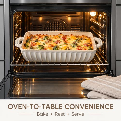 Rectangular Ceramic Casserole Dish Set with Handles - Vintage Hobnail Bakeware of 3 - Oven & Microwave Safe - 13.77, 11.6, 8.85 Inches - A-Rectangular
