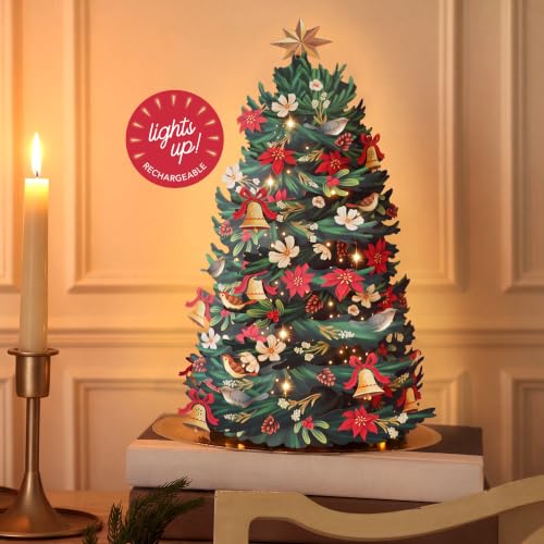 FreshCut Paper Twinkling Poinsettia Light-Up Tree - USB Rechargeable Holiday Decor