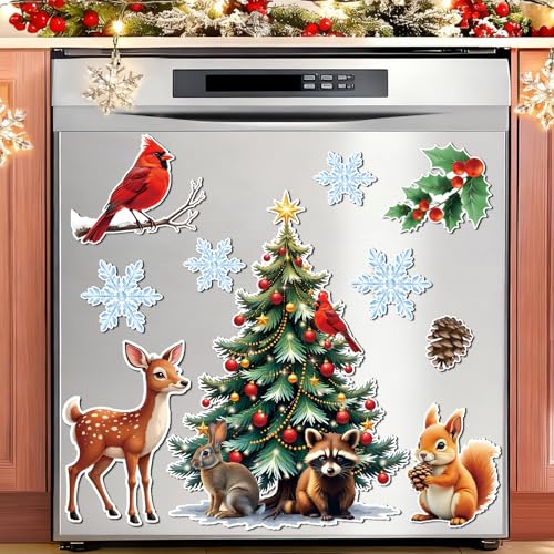 Christmas Magnet Set - 10 Holiday Refrigerator & Dishwasher Decorations with Woodland Creatures & Snowflakes