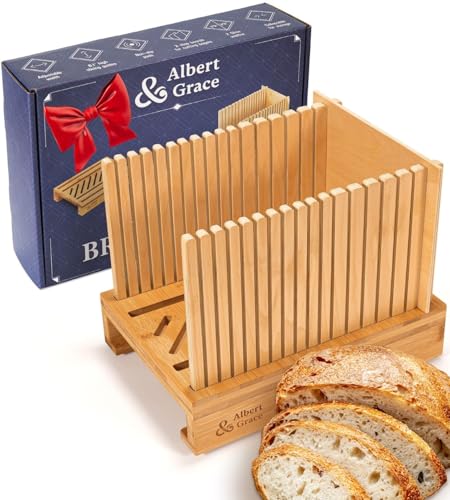 Albert & Grace Adjustable Bamboo Bread Slicer with Folding Guides — Sturdy, Adjustable for Artisan Loaves