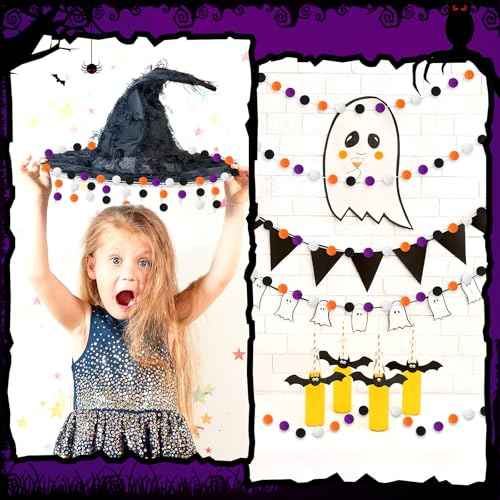 MARFOREVER 4 Pack 26.3 FT Halloween Felt Ball Garlands, Halloween Decorations 30 Balls Black Orange White Purple Pom Pom Garlands Hanging Supplies for Fall Halloweens Holiday Party Home Wall Decor