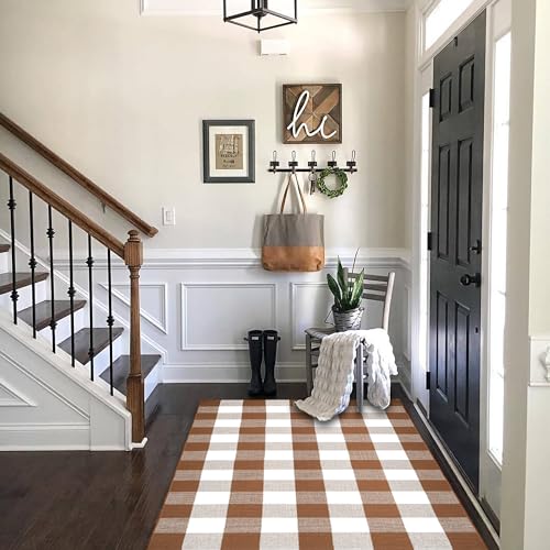 Homydecor Coffee & White Buffalo Plaid Outdoor Rug 4'x6' Farmhouse Welcome Mat