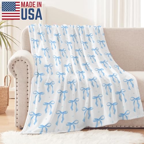Blue Bow Throw Blanket 60x80 in - Soft Flannel Room Decor for Couch Bed Sofa Gift
