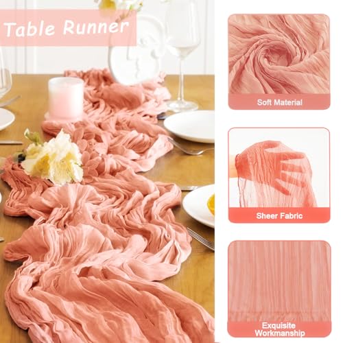 Coral Peach Pink Spring Summer Cheesecloth Table Runner Boho Rustic Gauze 120 inch 10FT Cheese Cloth Runner for Wedding Party Baby Shower Birthday Home Decor Holiday Decorations