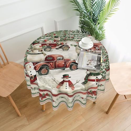 DEKIFNHG 60" Christmas Round Tablecloth - Snowman Truck Tree Holiday Party Decor