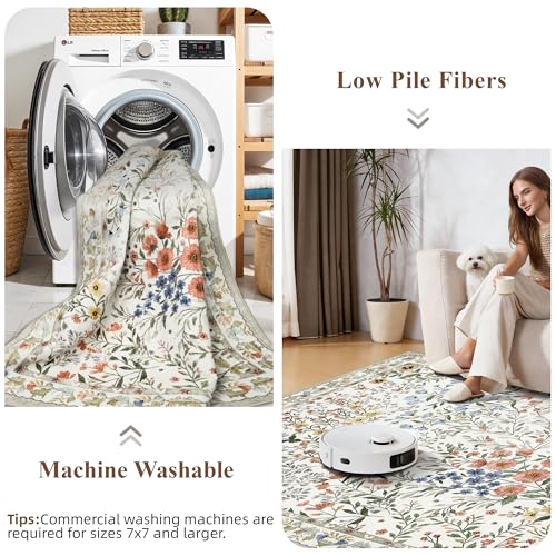 Beige Vintage Botanical Floral Rug 8x10 - Non Slip, Machine Washable, Living Room & Bedroom Carpet with Foldable Design