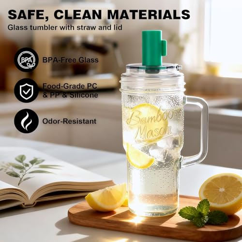 ANOTION Mason Jar Cups with Lids & Straws - Colorful Handle, 24oz Leakproof Glass Tumbler Set for Iced Coffee & Matcha, 4 Pack