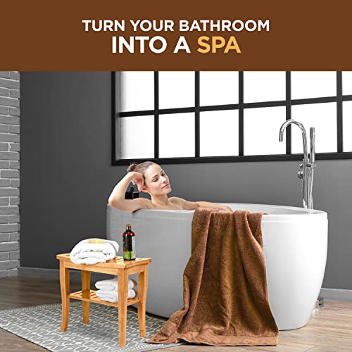 Bambüsi Bamboo Shower Bench with Storage Shelf, Non Slip Feet - Compact Spa Seat