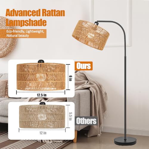 Brilvibera Rattan Floor Lamp- Boho Floor Lamp for Living Room, Rattan Standing Lamps with Dimmable Bulb, Adjustable Rattan Lamp Shades Bohemian Over Couch Lamps for Bedroom, Office