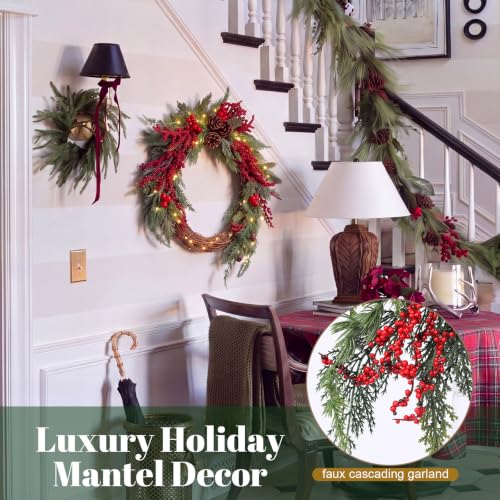 Yinder 20-Inch Red Berry LED Wreath with Rattan and Pinecones