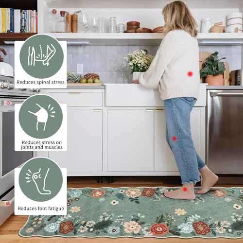 Homcomoda Grass Green Floral Kitchen Rugs 3PC Set Non Slip Washable Floor Mats