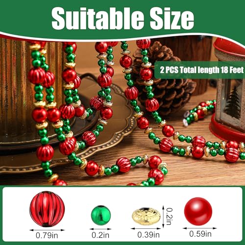 Geosar 12 Pcs Bead Garland 9 Ft Red & Green Christmas Tree Garland