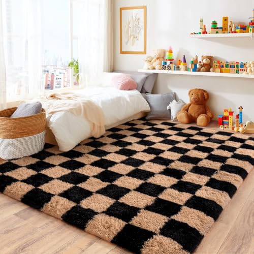 8x10 Black & Beige Fluffy Checkered Rug - Soft Microfiber Living Room & Bedroom Accent with Anti-Slip Backing - Variation: Black & Beige / 8' x 10'